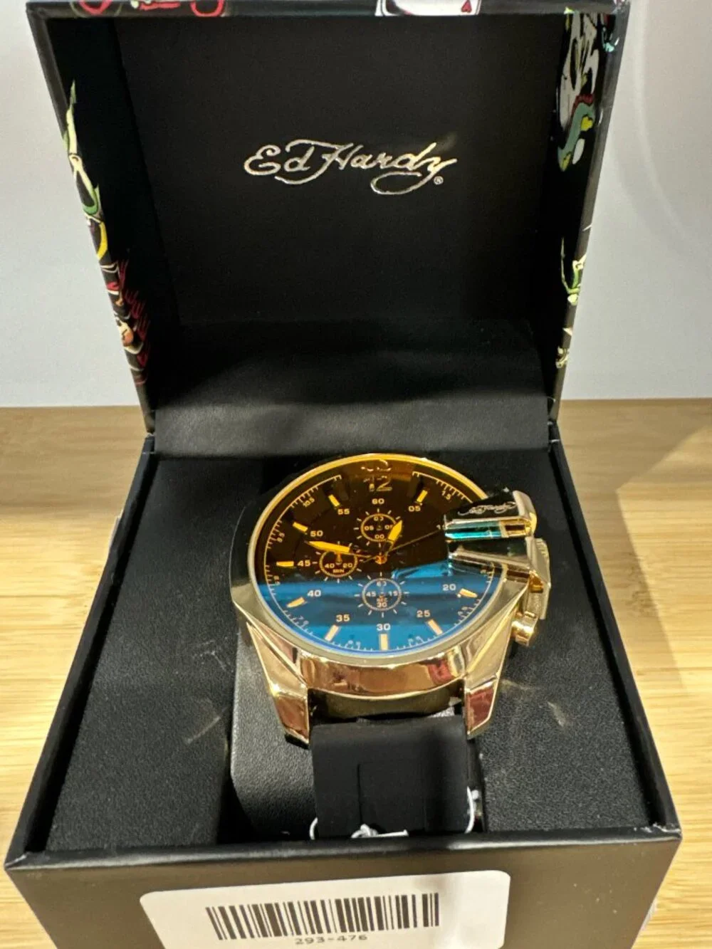 Ed Hardy Men's Gold Tone Watch Black Silicone Strap Yellow Crystal Quartz